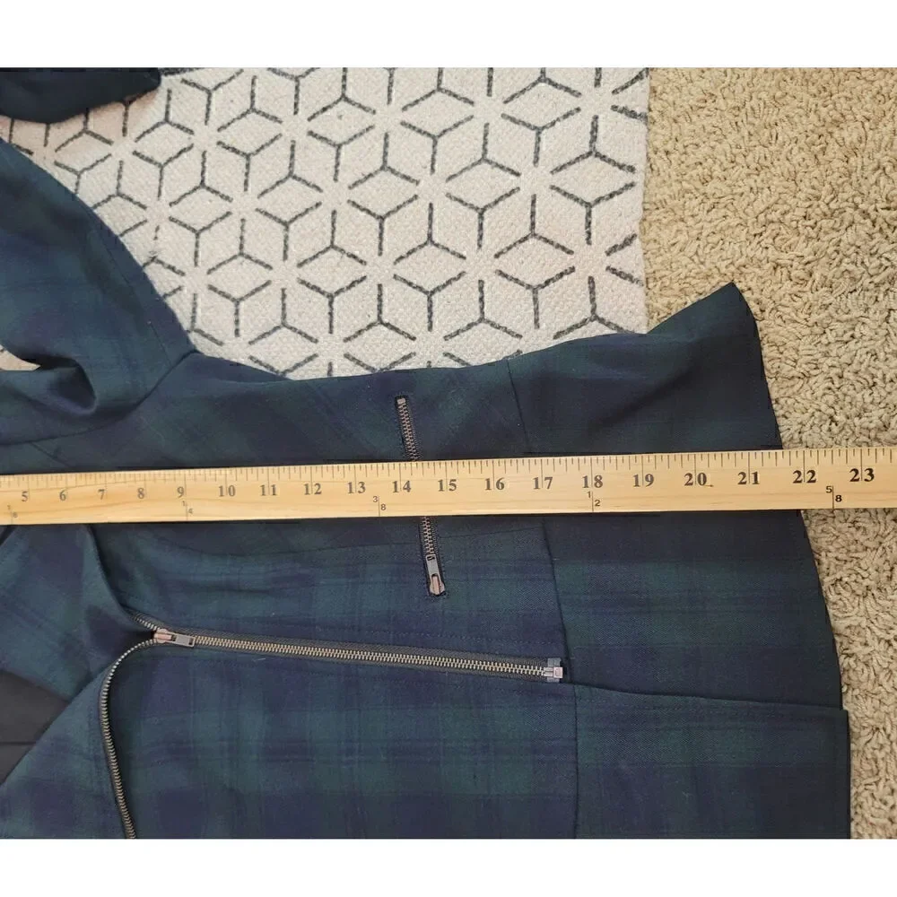 CAbi Tartan Green Plaid Asymmetrical Zip Moto Jacket, sz 4